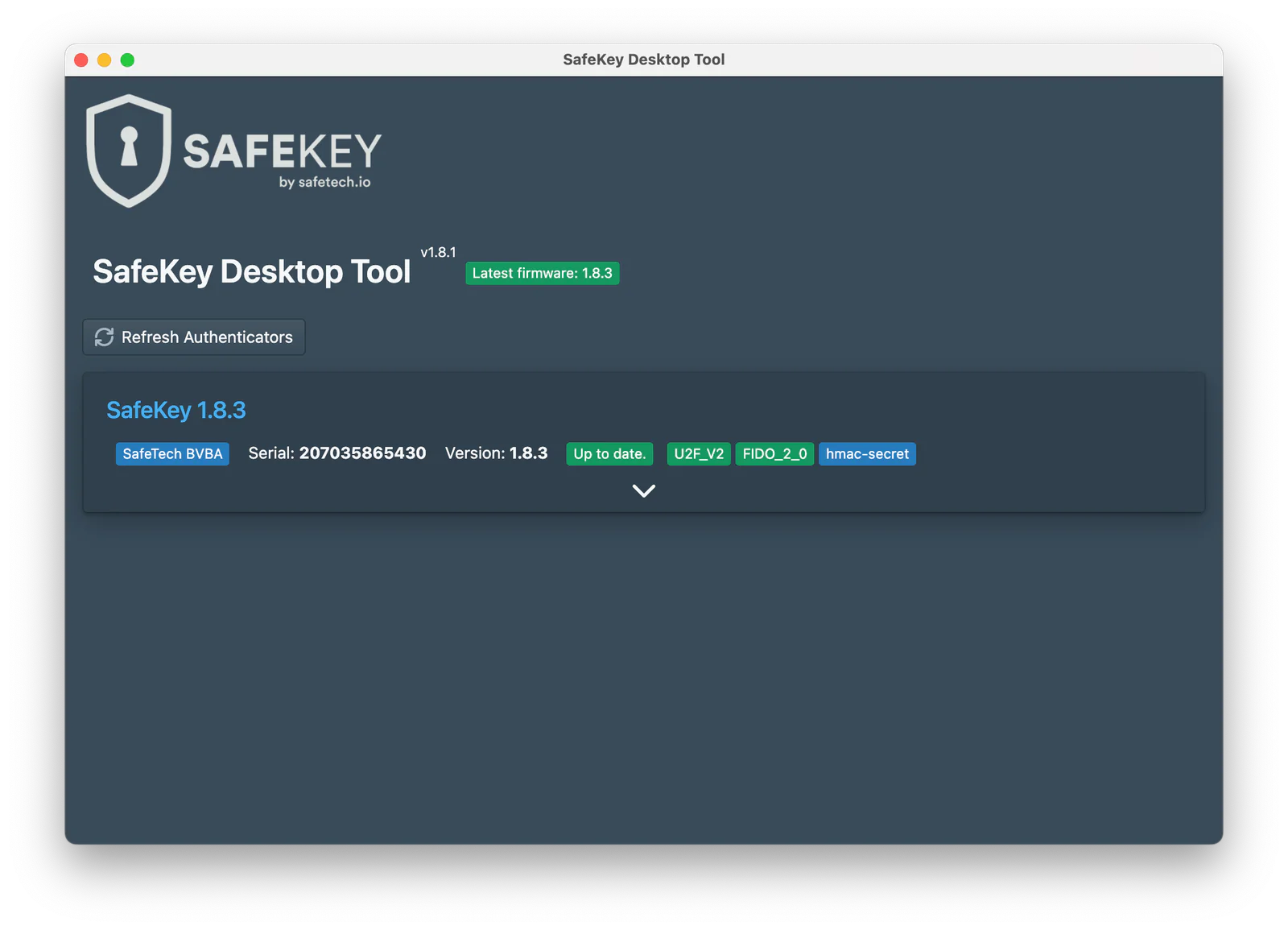 SafeKey Desktop Tool has found 1 connected SafeKey device with firmware 1.8.3 installed.